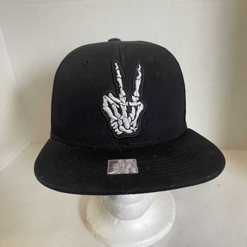 Joy Cap Skeleton Peace Sign Finger Cap Baseball Hat Snapback Black